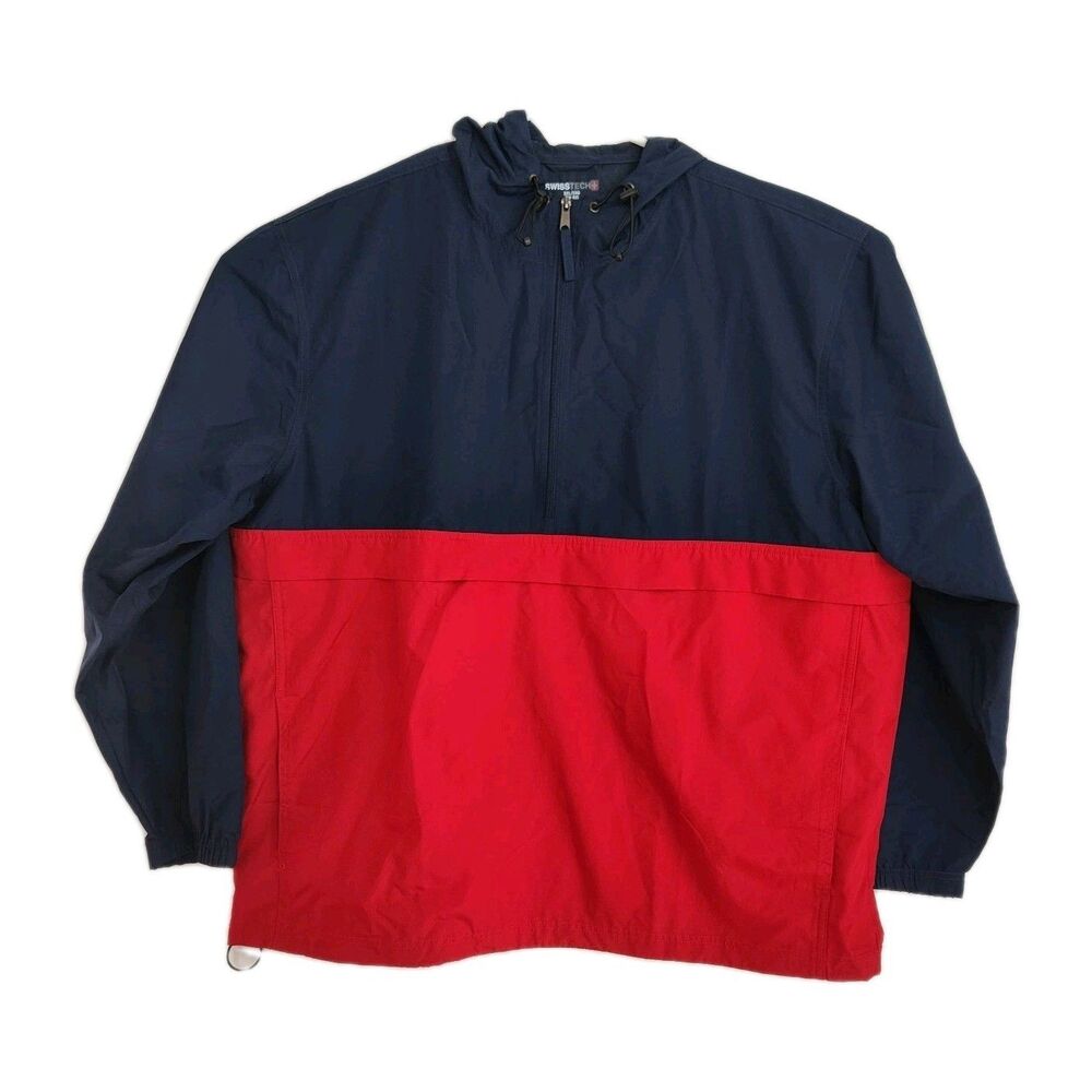 Swiss Tech Windbreaker Jacket Men's 2XL Blue & Red Hooded Full Zip Pocket